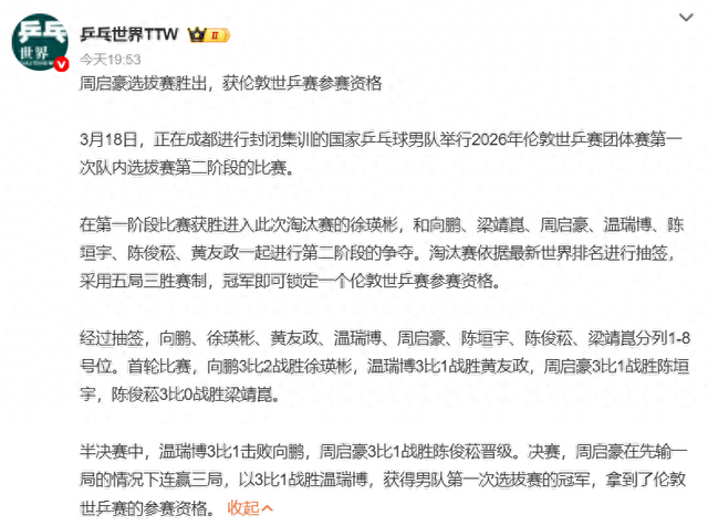 周启豪逆转温瑞博获世乒赛资格 国乒新老交替竞